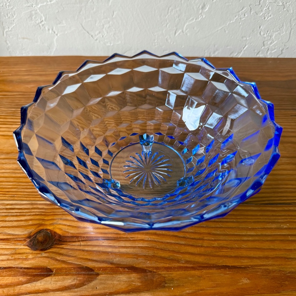 Vintage Indiana Glass Whitehall Blue Glass Bowl | 10" Footed Sawtooth Edge - Picture 14 of 15